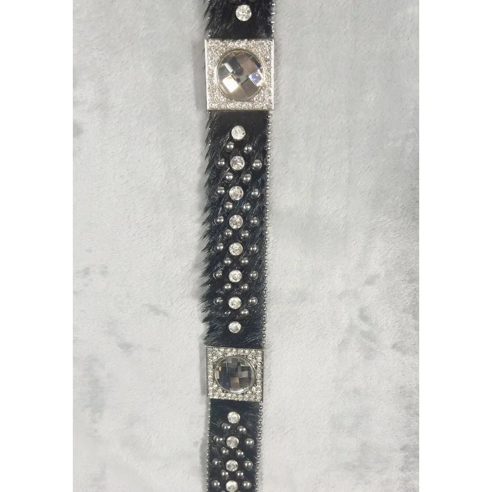 Western Leather Bling Belt Large Crystals Faux Horse Hair Womens Small Medium‎
